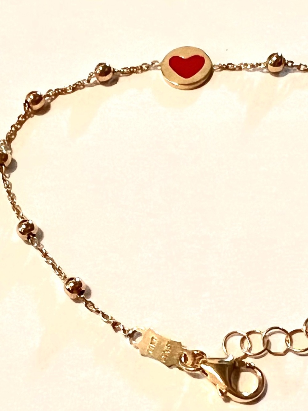 14k Gold Red Enamel Heart Beaded Bracelet